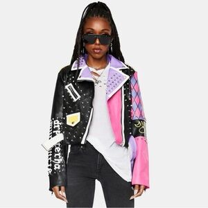 Studded Black Vegan Leather Moto Jacket with Purple Pink Panels Sz L (small fit)